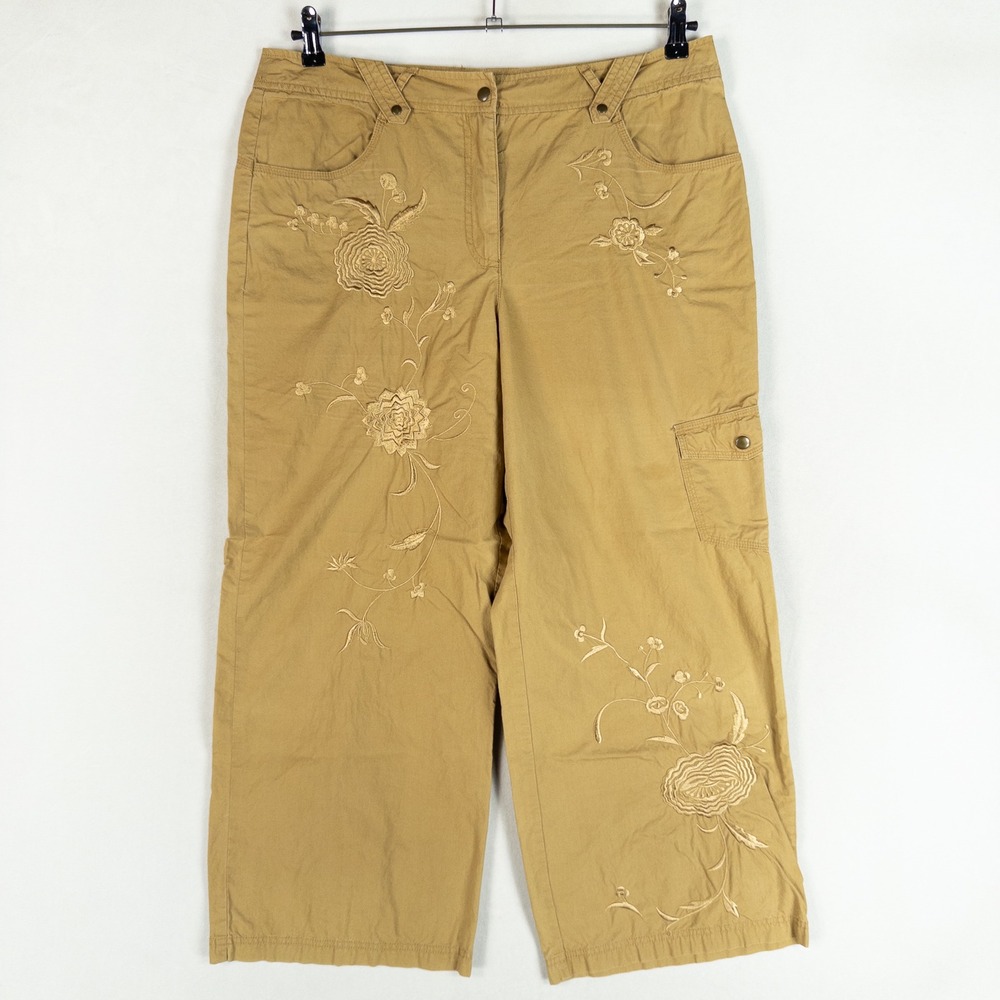 Together Pants Womens 14 Tan Floral Embroidered Cargo Crop Boho Lightweight *